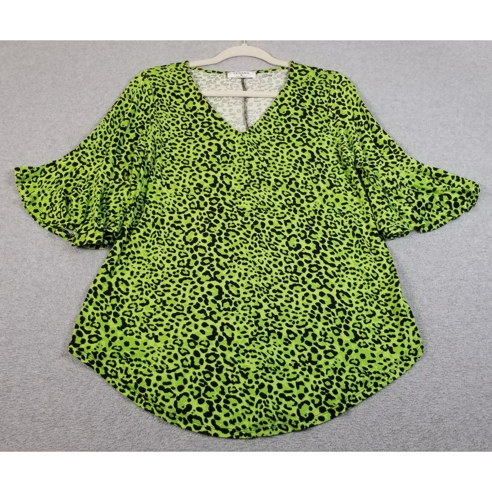 Zenana Tunic Top Women Medium Green Black Leopard Print Bell Sleeve V-Neck Funky